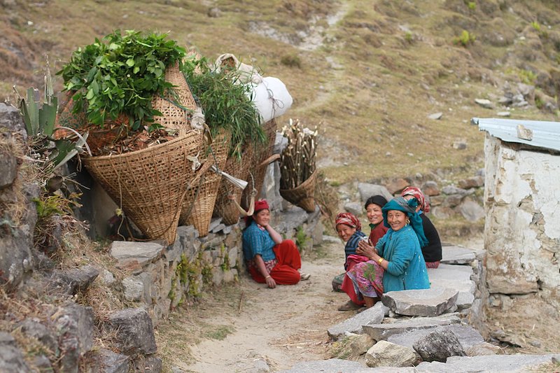 Women chat by the trail next to their massive loads of firewood and fodder