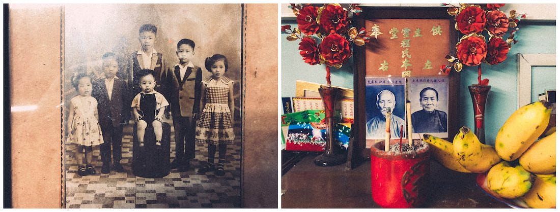 l: a potrait of u chit sien, his siblings and a cousin. he is the eldest, one brother is in new york and another in los angeles. his sister and another brother is helping him in the tea-house. r: an altar of his grandparents.