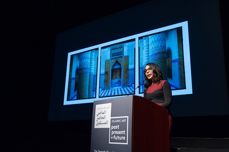 Artist Lalla Essaydi delivers the art symposium’s keynote address on opening night. Photo by Kevin Morley, VCU University Relations.