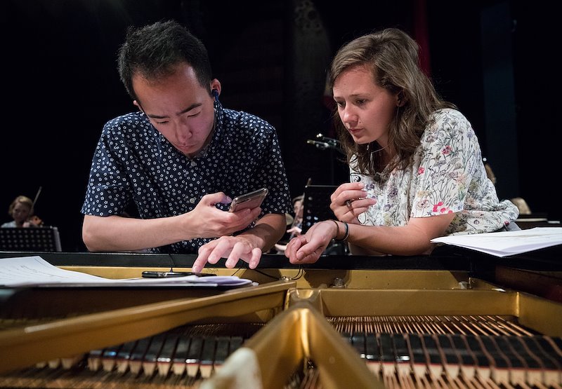 Forest Howell and Zoe Jorgenson work together during a rehearsal. Photo by Jaren Wilkey/BYU