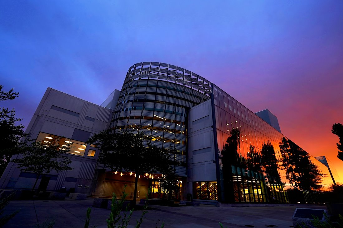 The Henry Madden Library at sunset.
