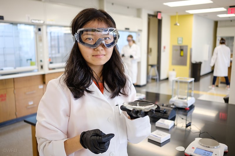 First-year student Xiaotian Jiao ('20) poses briefly in the organic chemistry lab.