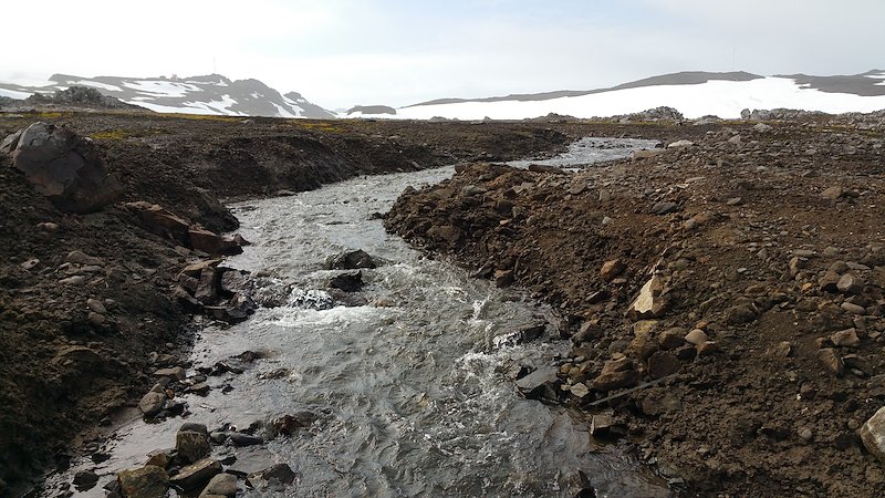 A small river bringing large amounts of sediment down from higher altitudes.