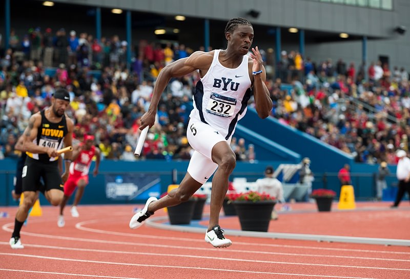 Tatenda Tsumba competes in the 4x400 relay at the NCAA West Preliminary Meet - Photo by Jaren Wilkey/BYU