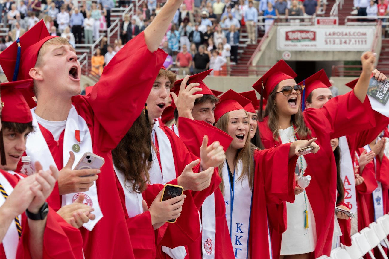 Miami University students react during the spring commencement ceremony at Yager Stadium.