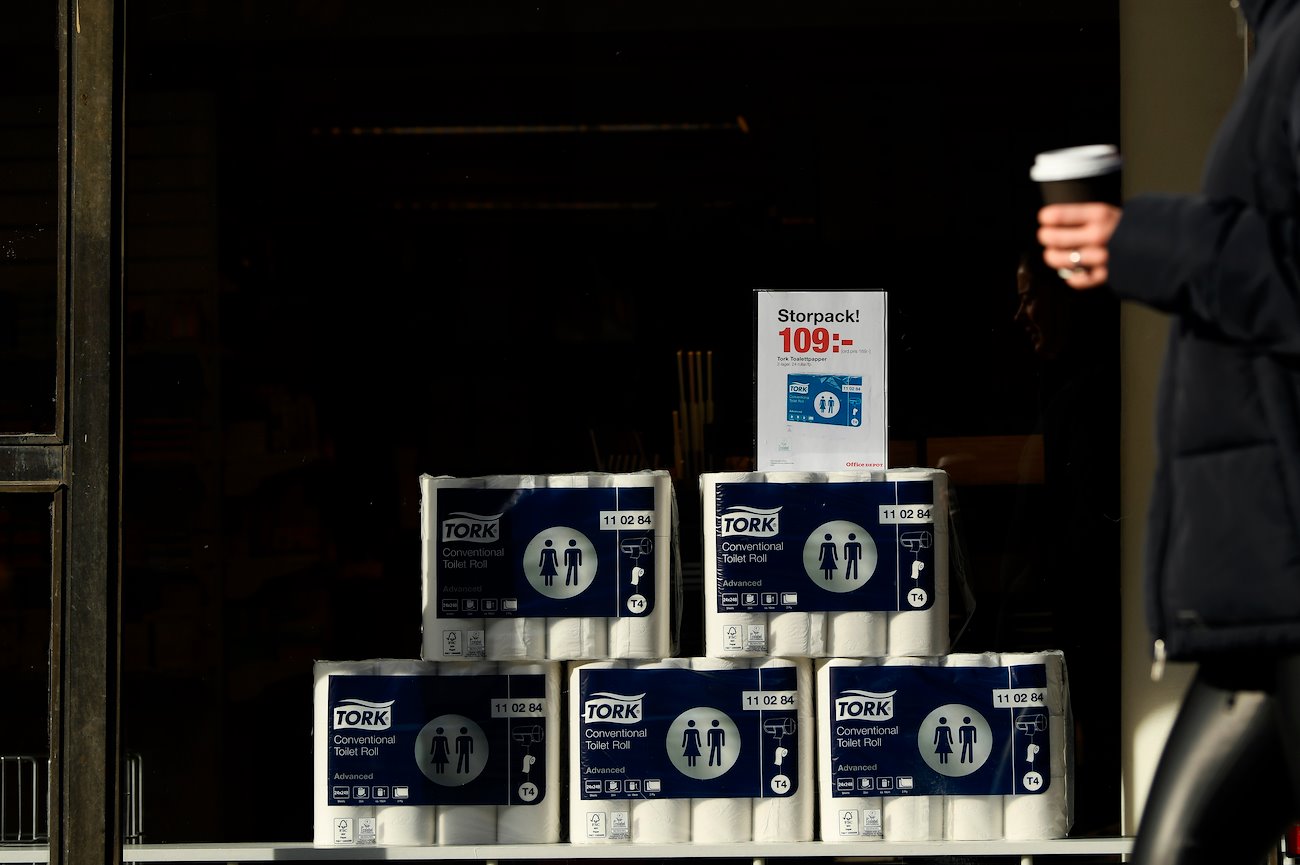 Toilet paper sits for sale at a store in Stockholm, Sweden, on Thursday, March 26, 2020.
