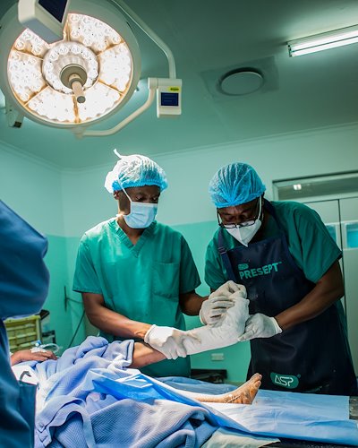 A dressing change in the operating room.