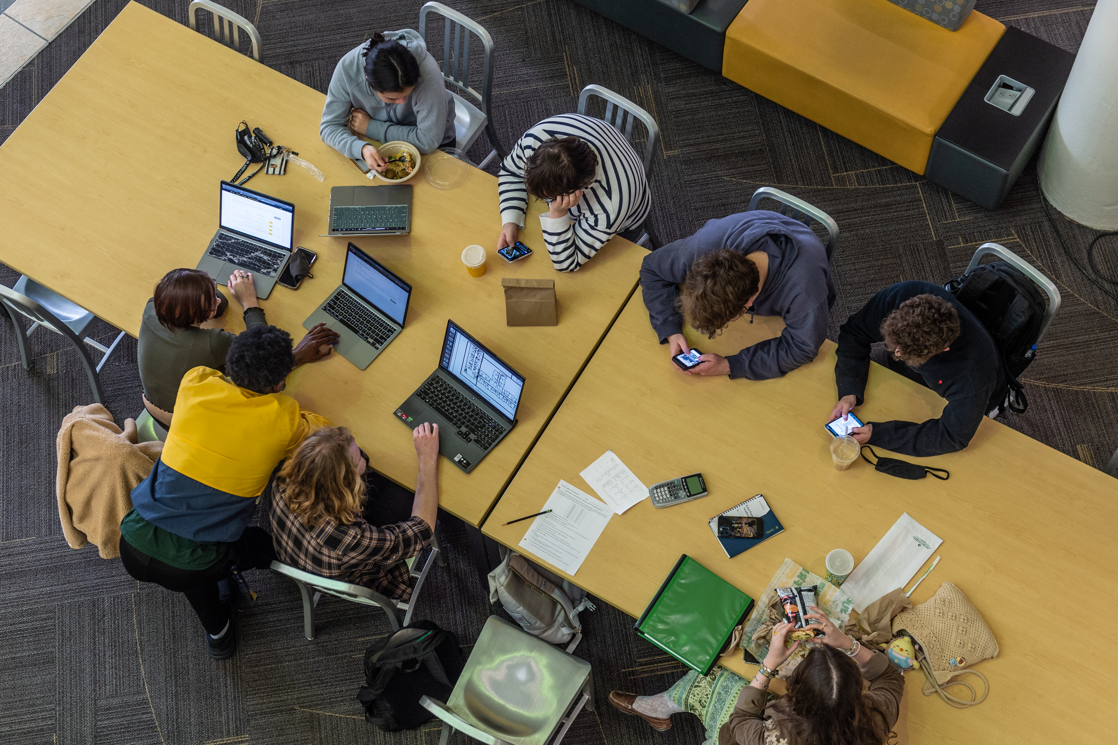 A group of students studying at a long table.