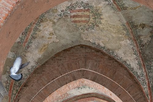 A bird takes flight near some frescoes in Cremona's Piazza del Comune.