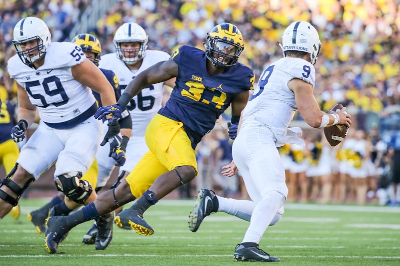 Taco Charlton charges after the Penn State quarterback.