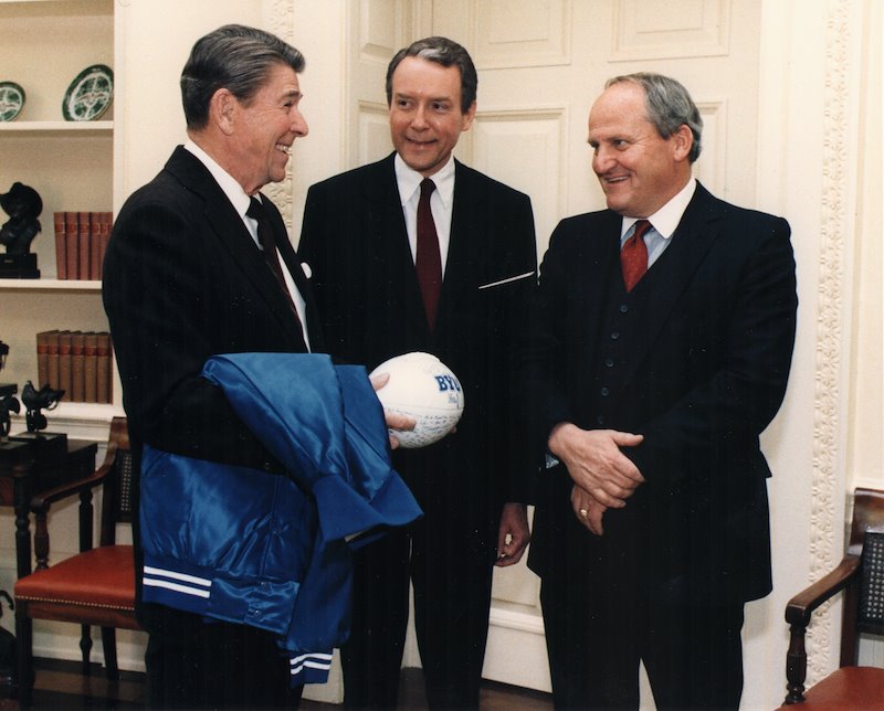 BYU head coach LaVell Edwards (right) met with President Ronal Reagan and Utah Senator Orrin Hatch at the White House.