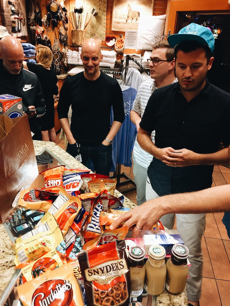 Crew members from the Fray and Barcelona take a look at our bountiful purchase