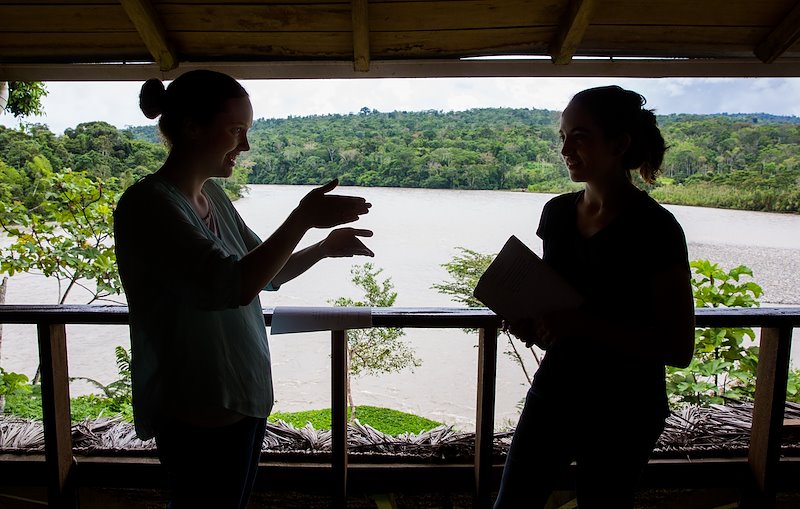 Sydney Jensen and Emily Peterson practice speaking in Quichua during their language class.