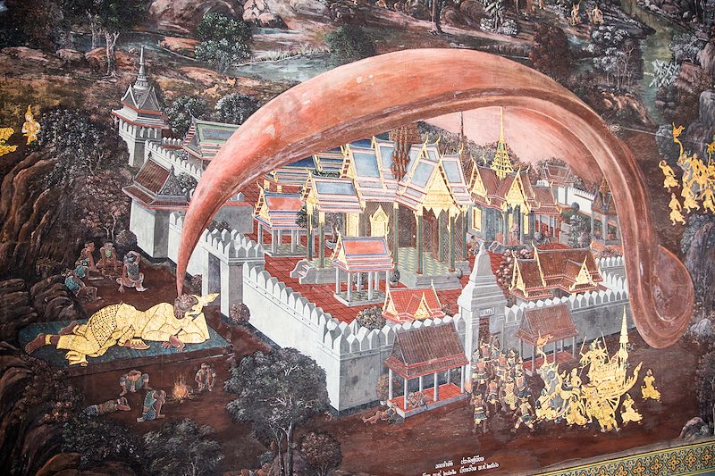 Thailand's epic, The Ramakian, covers the inner walls of Wat Phra Kaew. Here Chiwaha performs a superhuman mutation to protect his city.