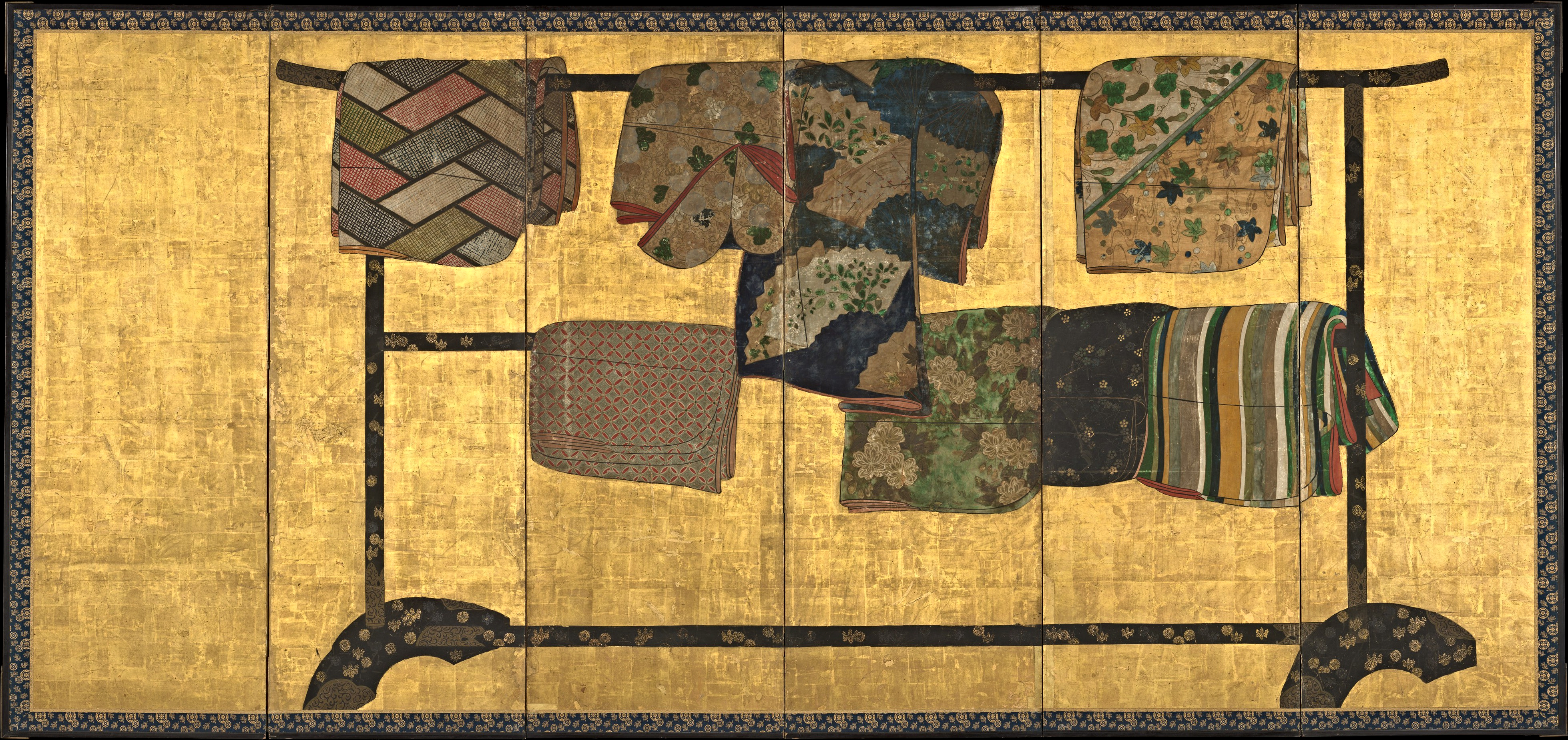 Japanese folding screen depicts kimono fabrics hanging on a black ...