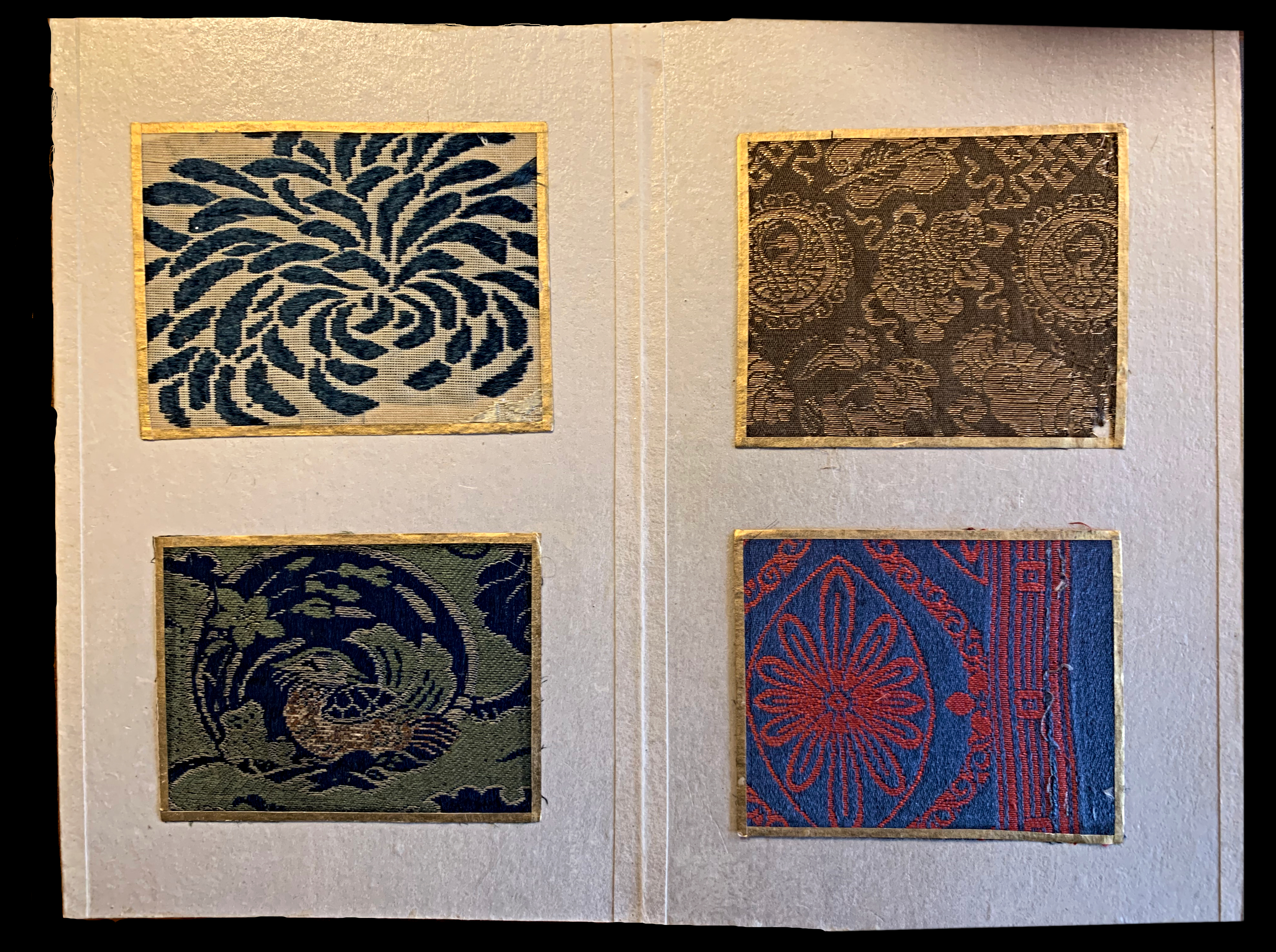 Page from a Japanese sample catalogue shows four fabric swatches with ...