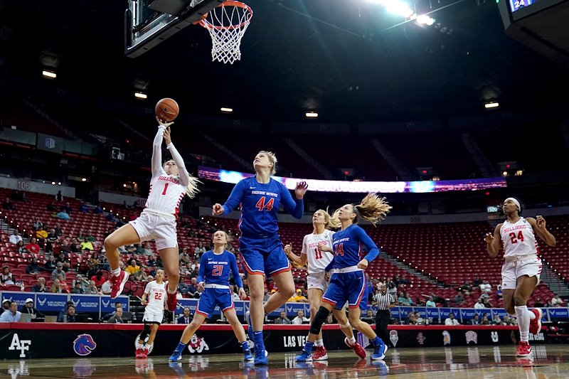 Haley Cavinder attempts a layup against Boise State during the Mountain West Championship game in Las Vegas, Nevada.