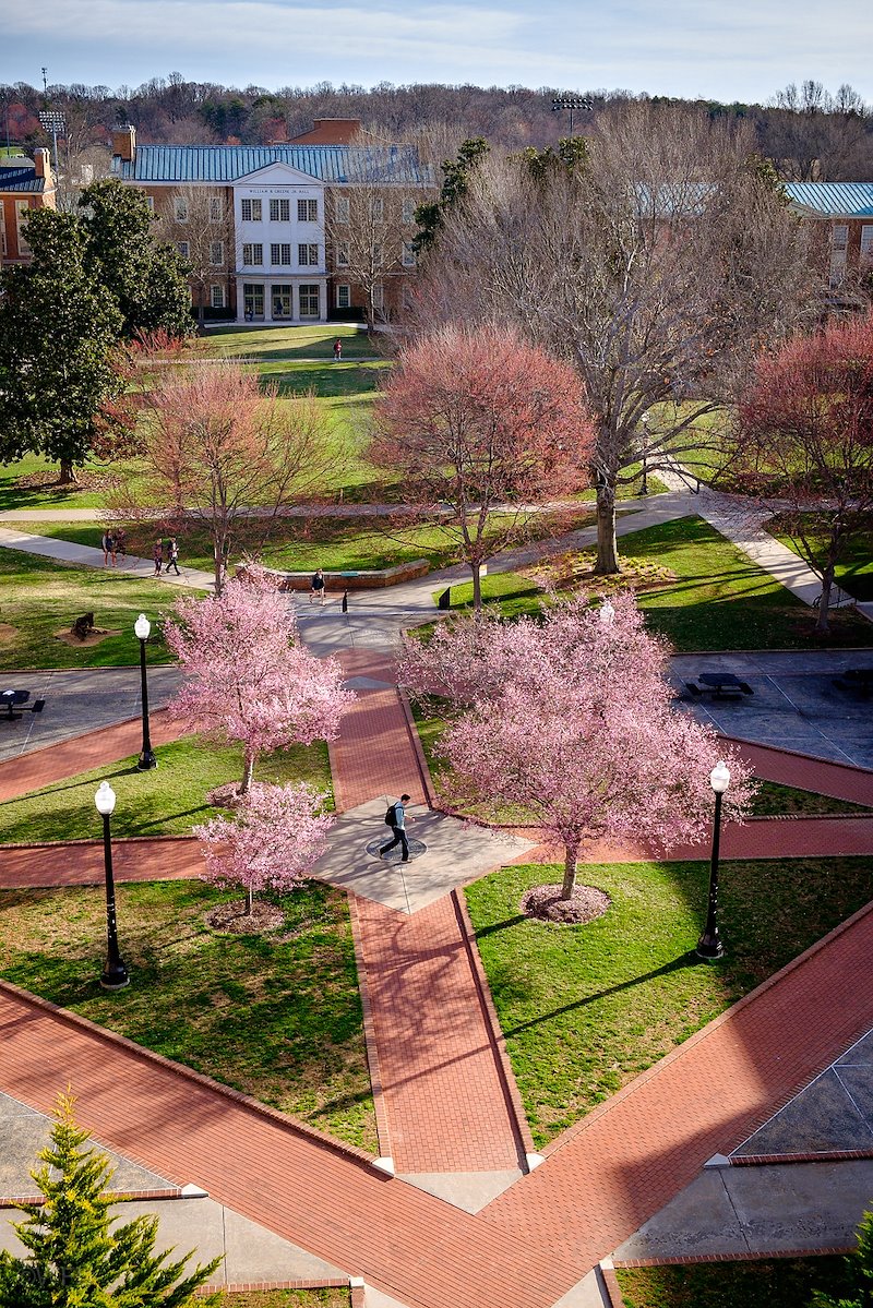 A view of the plaza in front of Tribble Hall from the roof of the library, with Greene Hall in the distance.