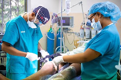 Orthopedic Surgeon Dr. Tewodros removing Dagim's external fixator.