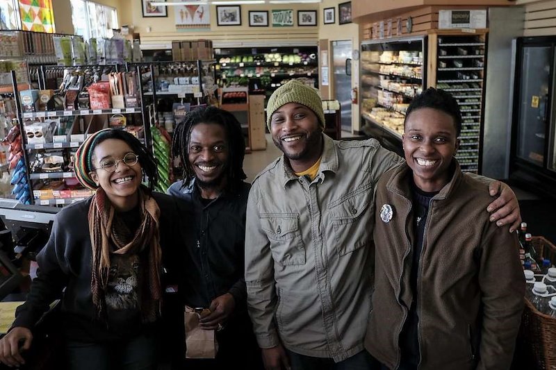 Mandela Foods Cooperative worker-owners and employees, L to R: Erin Clark, Fekida Wuul, James Bell, and Adrionna Fike