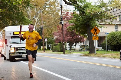 With a Rowan bus accompanying him, three-time Rowan alumnus and former alumni board president Tobi Bruhn hit his stride.