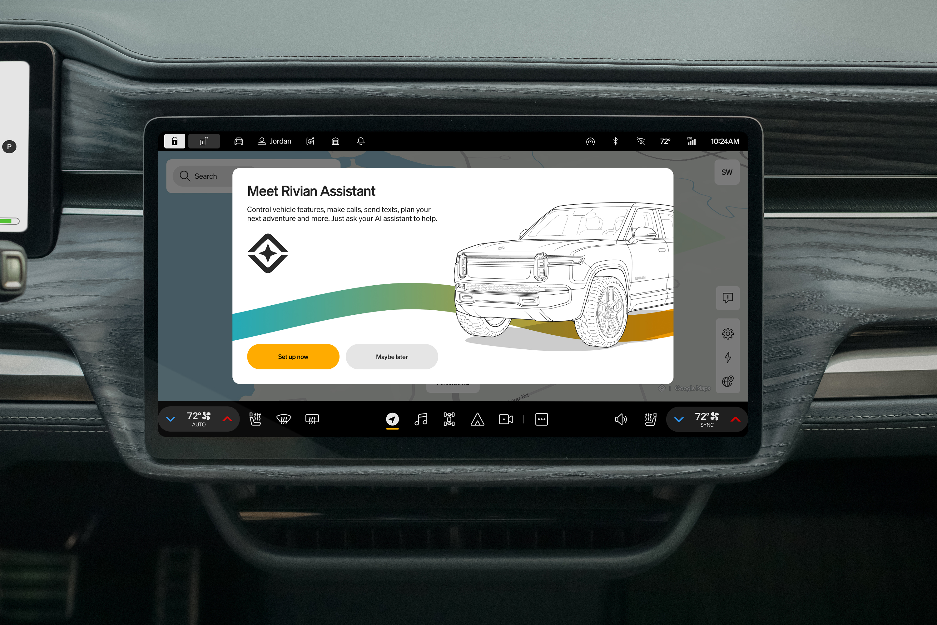 Rivian Assistant displays on a Rivian infotainment screen. The screen ...