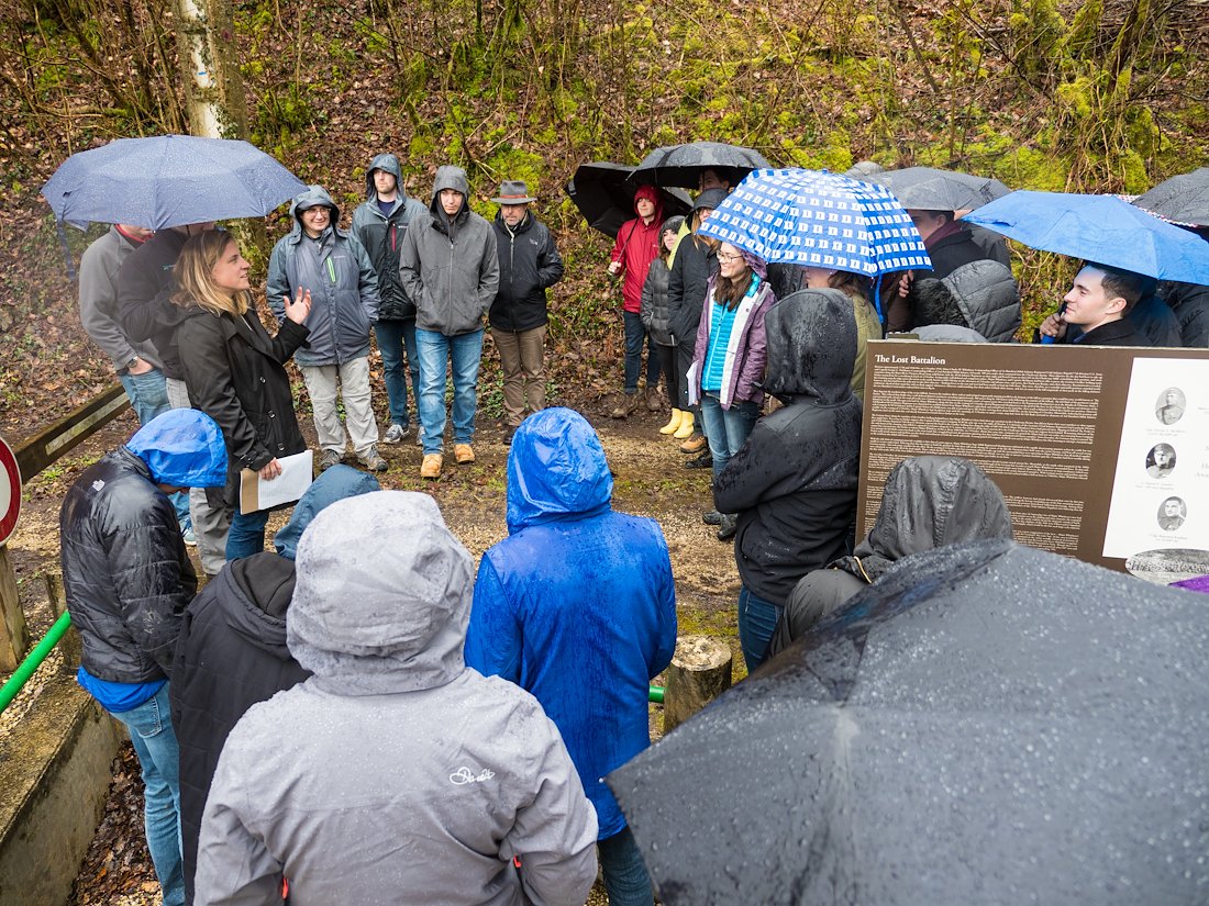 Nicole Czakon presents as Army Private Irving Greenwald, one of the stranded soldiers, at the Lost Battalion Site.