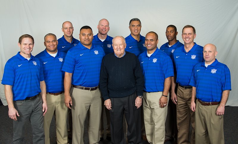 LaVell with BYU's coaching staff in 2016.