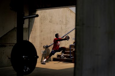 Fresno State basketball player Jordan Campbell exercises at Bob Bennett Stadium.
