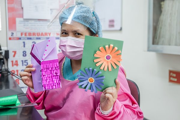Nurse Raffy used her down town to make creative get well cards for our patients.