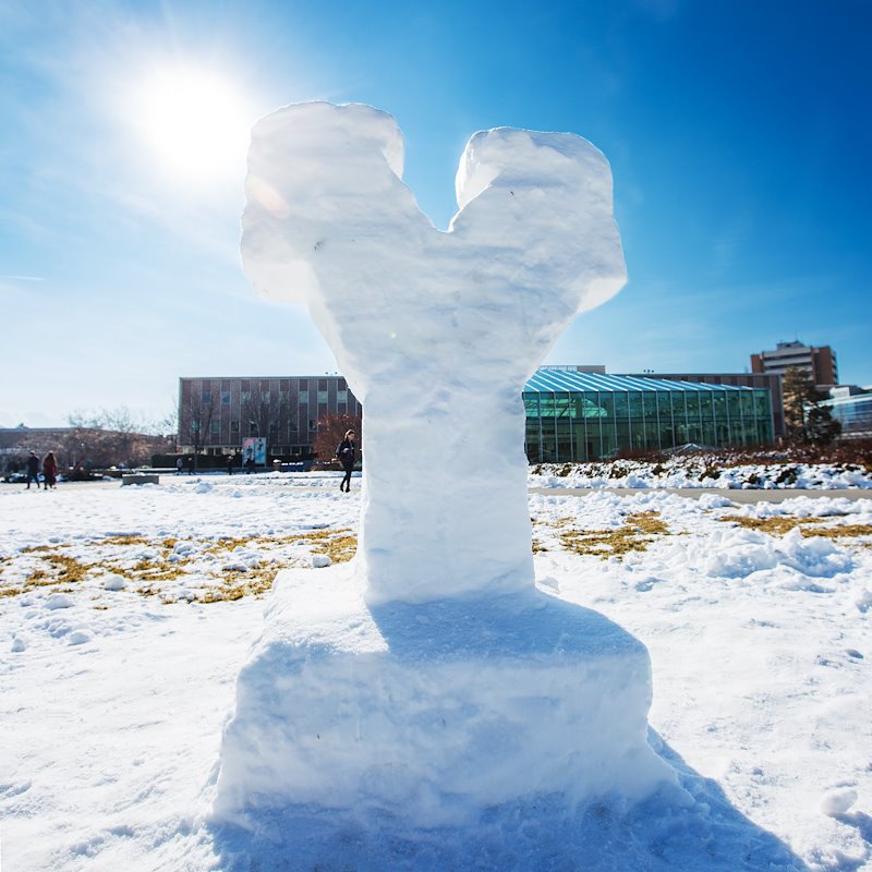 Snow sculpture of the block Y on the quad - Photo by Aaron Cornia/BYU