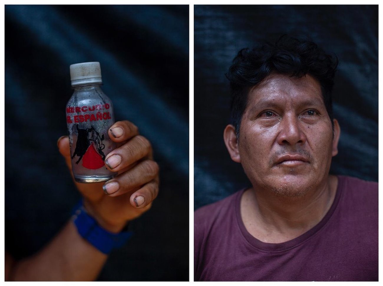 Ruben Timelensuki holds a bottle of mercury used for amalgamating gold. Photos: Alejandro Saldívar
