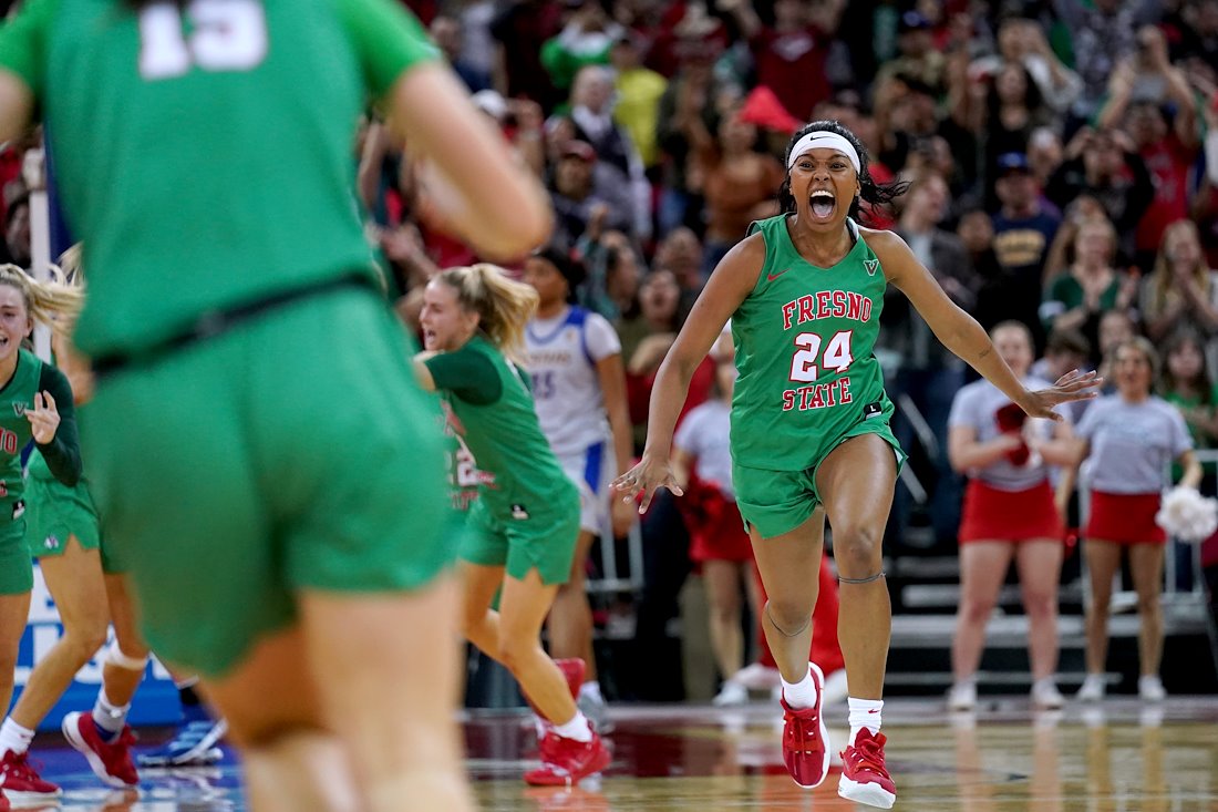 Wytalla Motta reacts after the Fresno State Bulldogs defeated the San Jose State Spartans to win their first ever Mountain West Conference Championship.