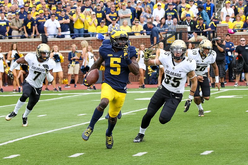 After making several Buffaloes miss, Jabrill Peppers cuts up field.