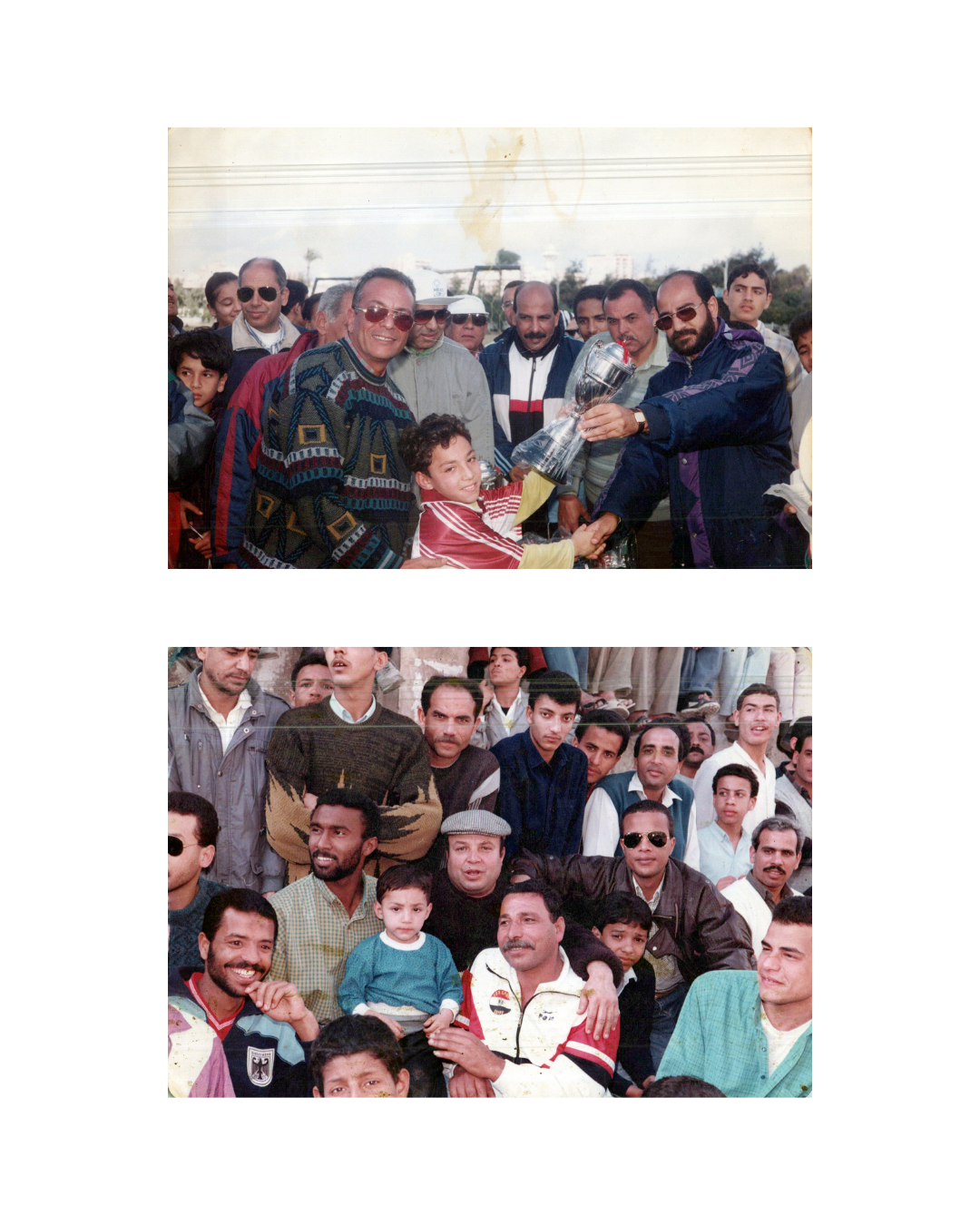 Two group photos show men and children. Top: Man in sunglasses hands a ...