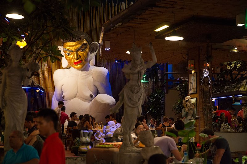 This large, striking figure draws tourists into a restaurant near Khaosan Road.
