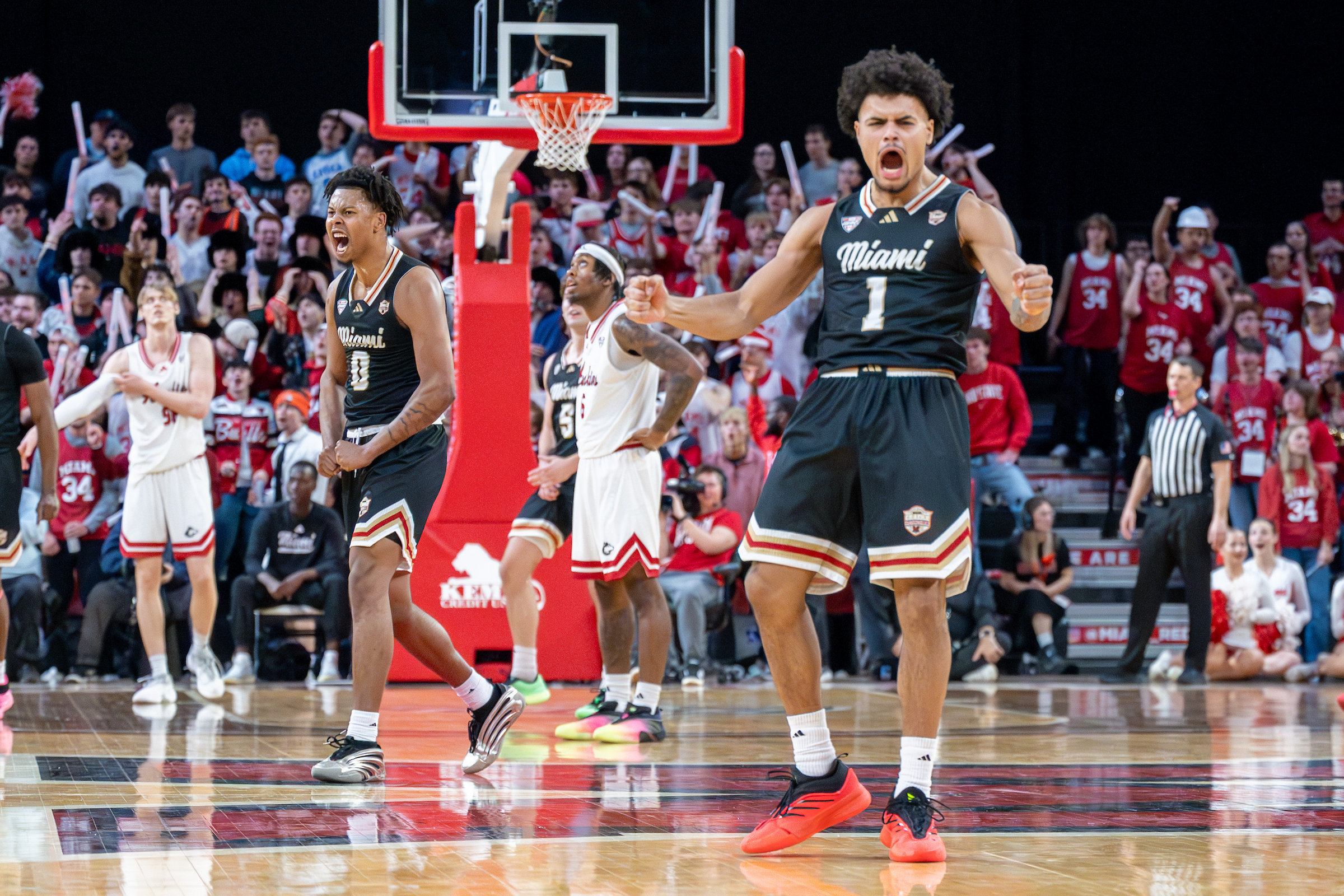 Miami's Trey Perry reacts during the One Miami game.