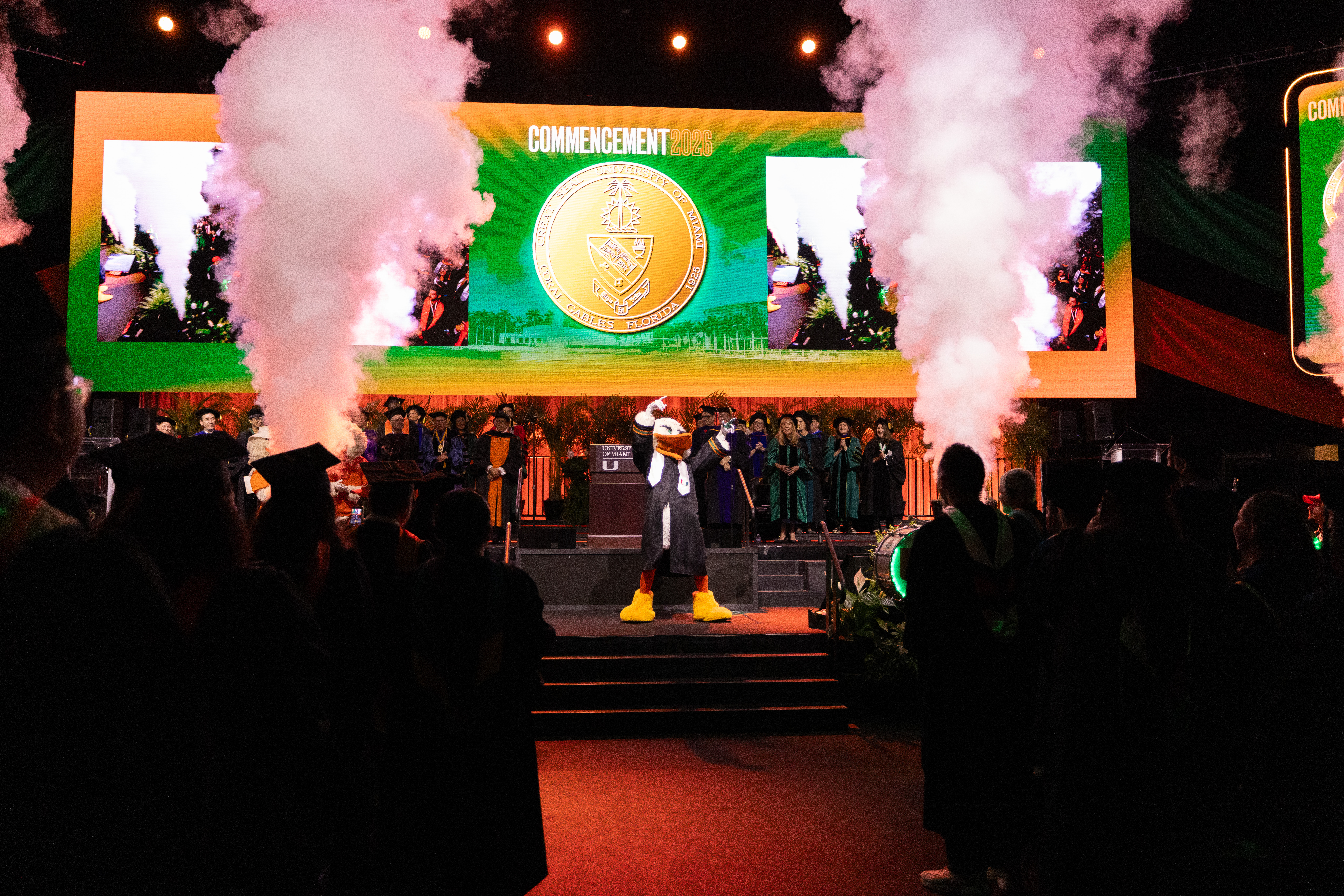 University of Miami's Sebastian the Ibis mascot stands on stage at the ...