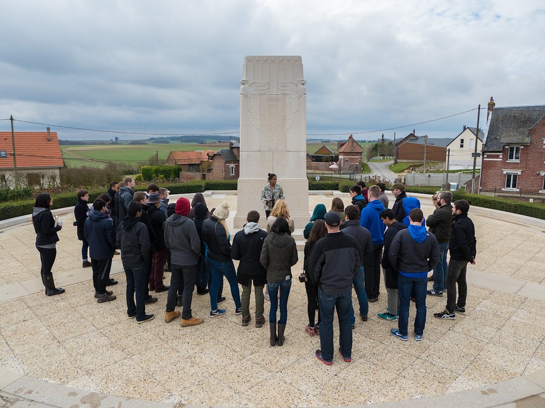 The group gathers for a presentation at the Cantigny American Monument which memorializes the brutal battle for this high ground.