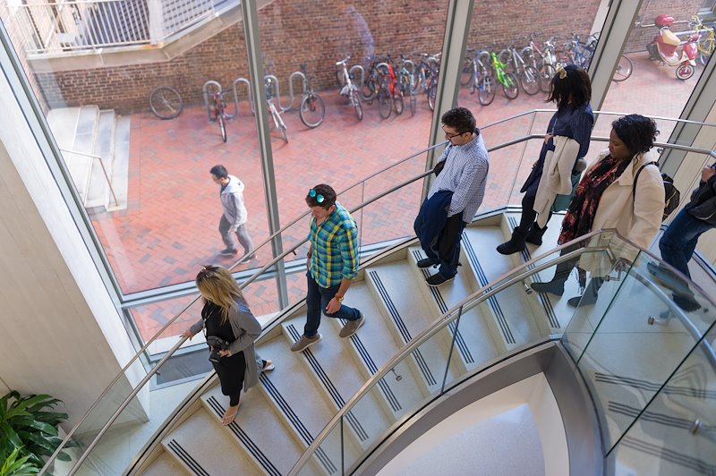 The tour group descends the stairs at the McGlothlin Medical Education Center. Photo by Kevin Morley, VCU University Relations.