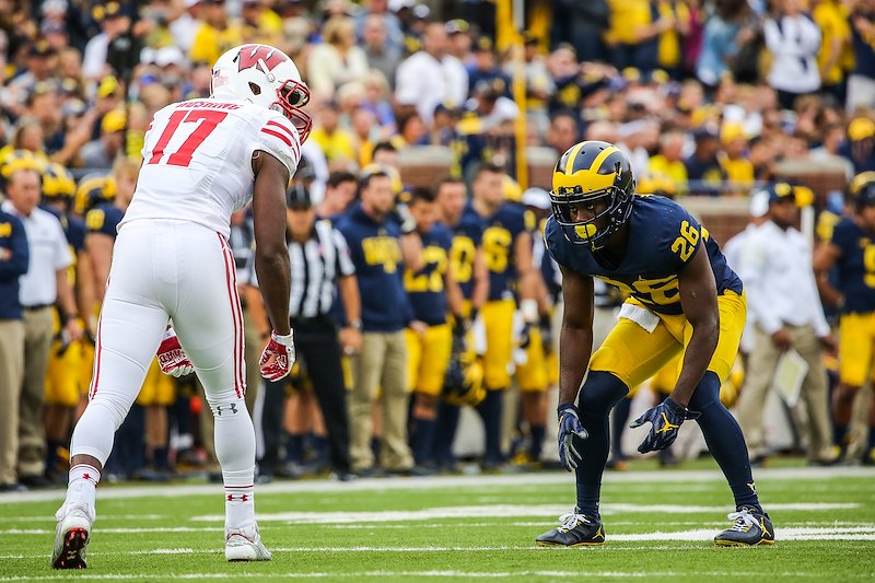 Jourdan Lewis lines up, ready to lock down the Wisconsin receiver.