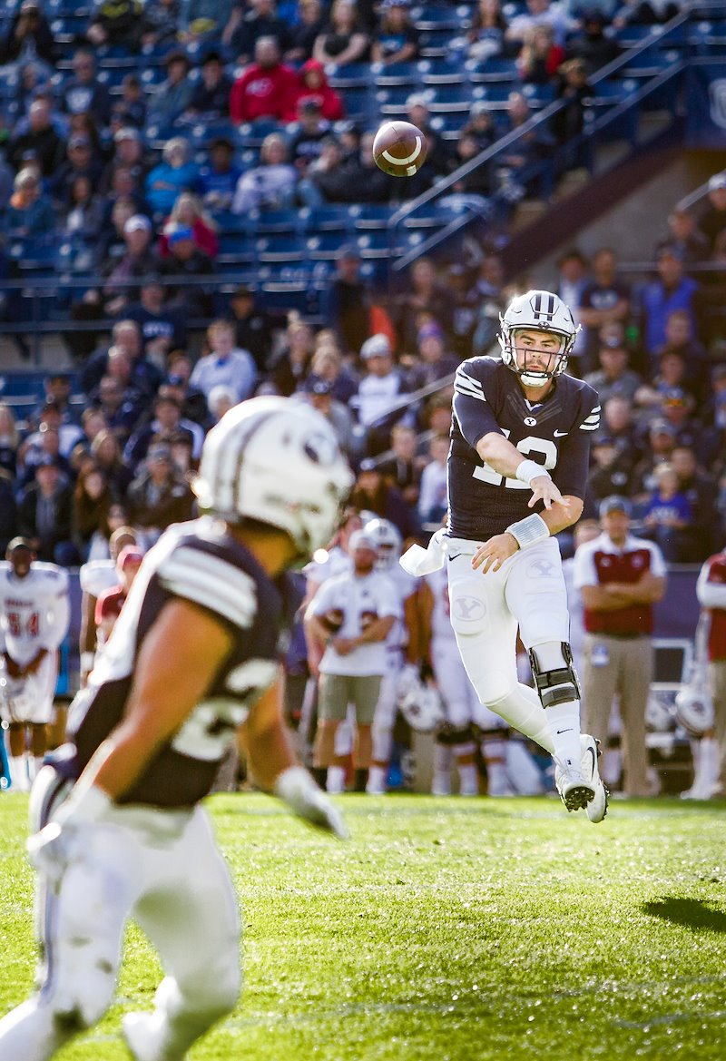 Tanner Mangum passes the ball during the game against UMASS - Photo by Tabitha Sumsion/BYU