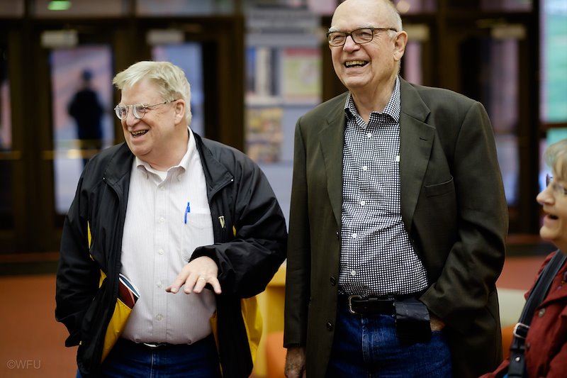 Jerf shares a laugh with legendary Wake Forest theatre professor Harold Tedford, right, before the opening.