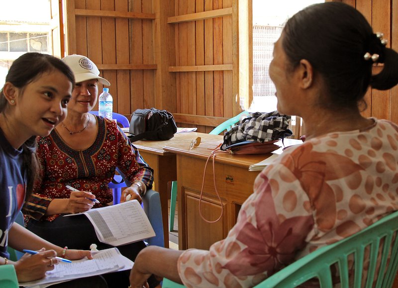 Dr. Bernadette Resurrección (SEI Asia) and Thiri Htet Naing (MEI) interviewing people in Homalin township for AF’s household survey.