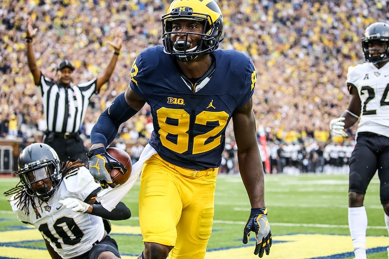 Amara Darboh looks up at the Michigan Stadium crowd after making another touchdown catch.