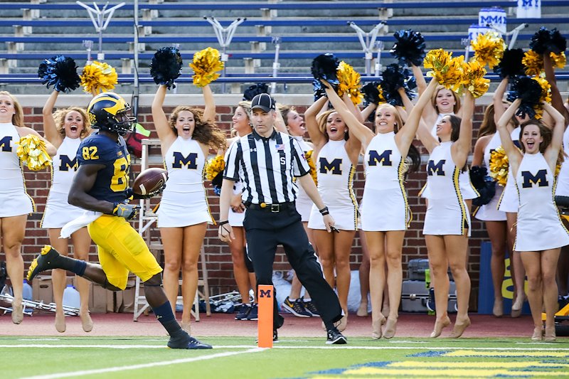 Amara Darboh scores a touchdown in front of an excited cheer team.