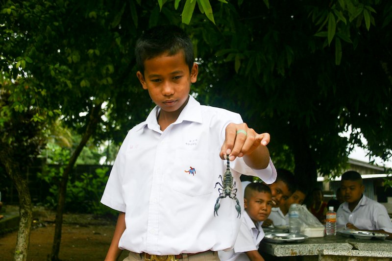 A student shows off the scorpion he caught on his way to school.
