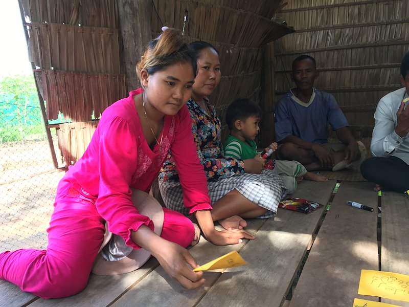 A home gardener contributes her response to a discussion on livelihood activities of women and men in Prey Kmeng village, Siem Reap province