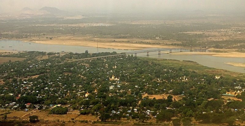 Aerial view of the Chindwin Bridge and Monywa township.
