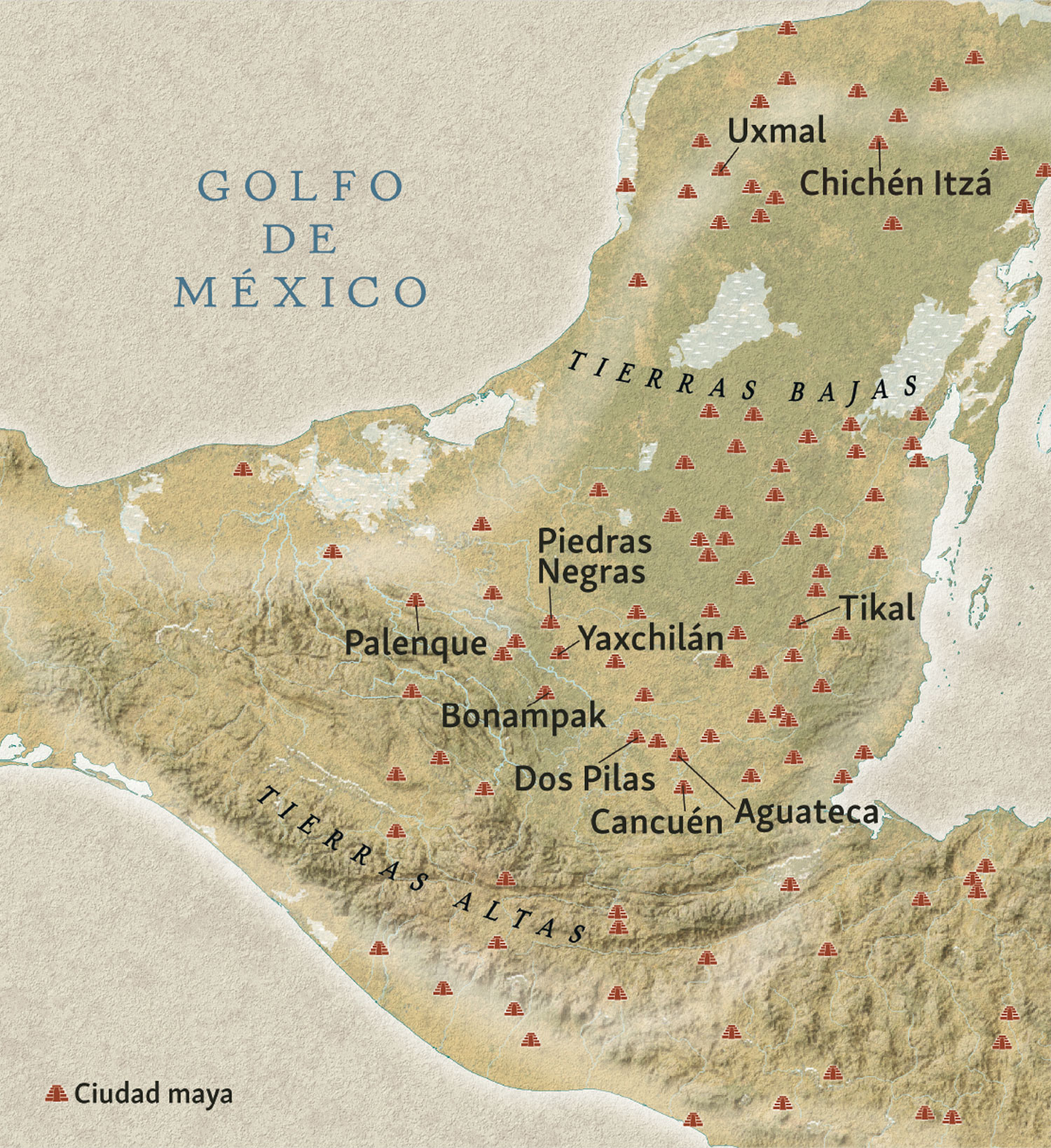 El país de  los mayas. Los arqueólogos han localizado cientos de yacimientos mayas, repartidos entre las Tierras Altas y la llanura del Yucatán. Cartografía: Eosgis.com